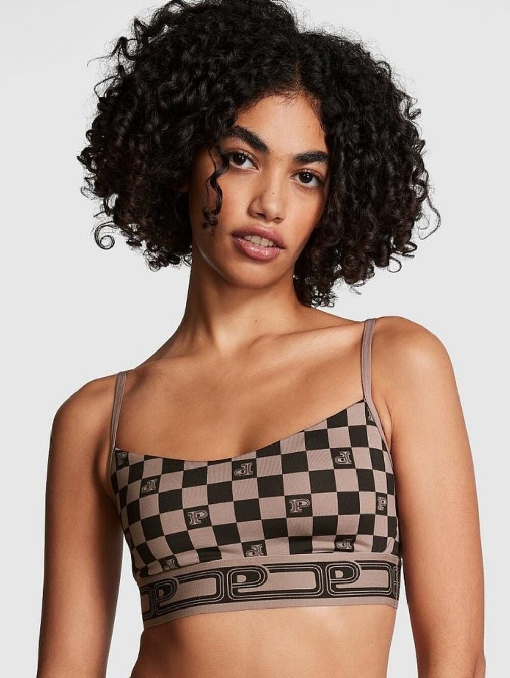 VS PINK Checkerboard Crop Bralette Sports Bra in Taupe/Black